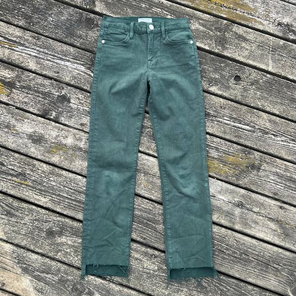 Frame Le High Straight Raw Hem Pants Coated Pine Green Size 25 - Picture 1 of 8